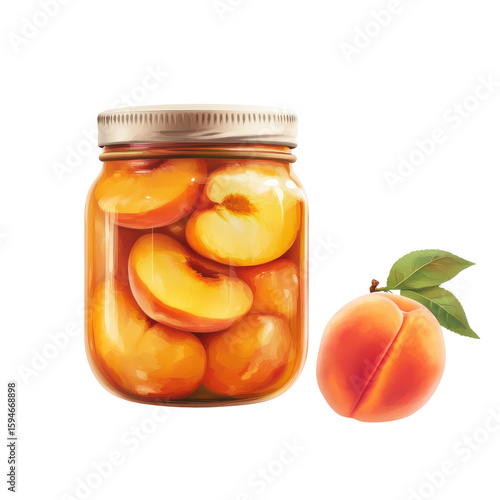 Jar of Preserved Peaches with Fresh Peach on the Side in a Bright, Natural Setting on transparent background