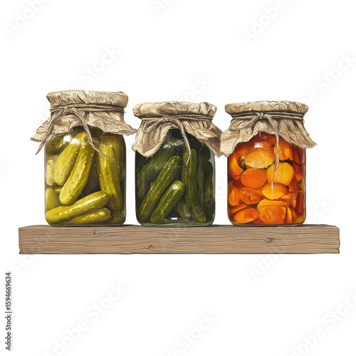Colorful Jars of Pickles and Carrots on Wooden Shelf, Perfect for Home Decor and Culinary Inspiration on transparent background
