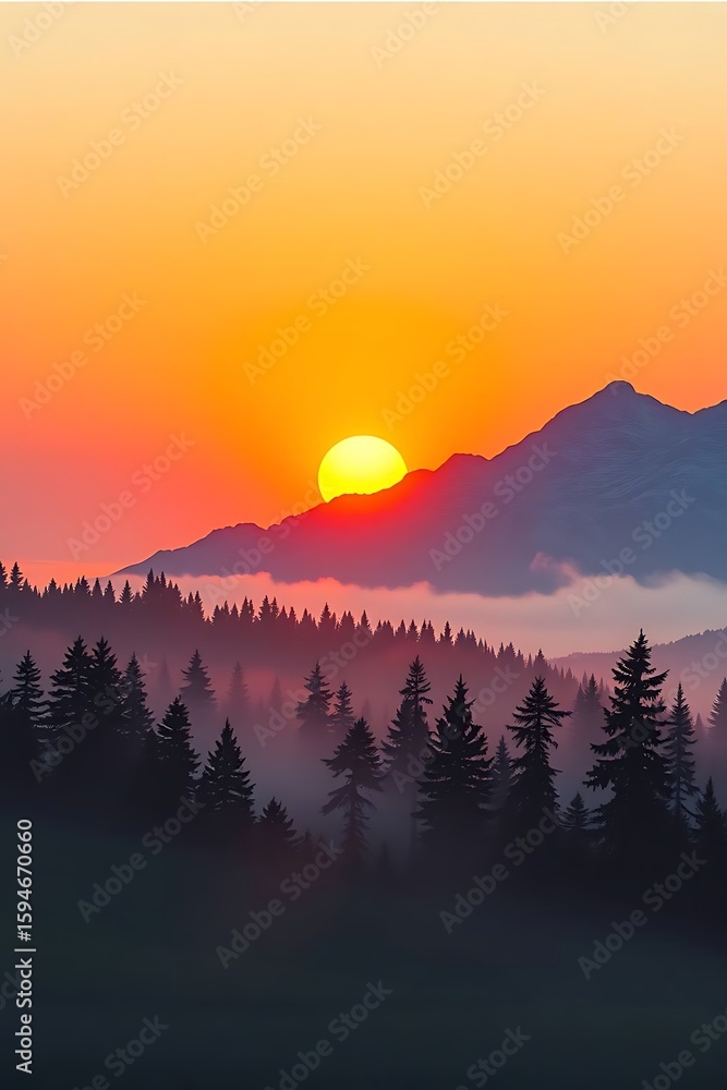 Obraz premium Scenic nature landscape illustration of a golden sunset over foggy mountain ranges and a tranquil evergreen forest.
