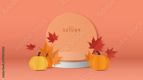 Autumn background. Autumn sale podium with red, yellow maple leaves. Stand product showcase for promotion, product sale. Vector illustration