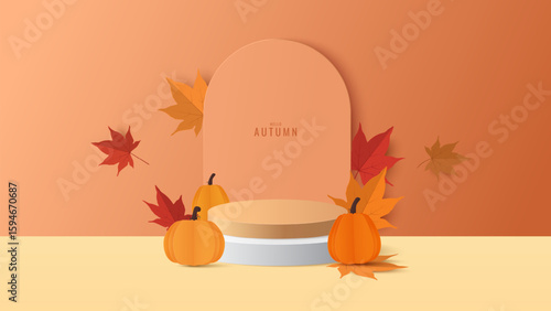Autumn background. Autumn sale podium with red, yellow maple leaves. Stand product showcase for promotion, product sale. Vector illustration