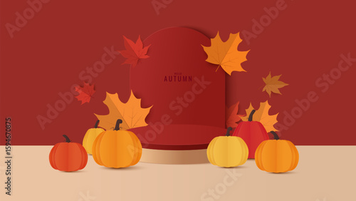 Autumn banner background. Autumn sale podium for product display presentation with red, yellow maple leaves and ornament on the stage. Stand product showcase for promotion, product sale