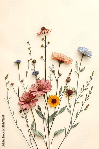 A beautiful botanical art illustration of a vibrant wildflower bouquet with colorful petals on a clean, minimalist background.