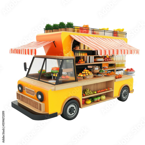 Colorful Food Truck Filled with Fresh Fruits and Vegetables in a Bustling Market Setting on transparent background
