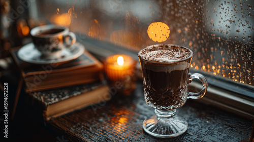 Cozy Rainy Day Still Life with Hot Chocolate, Coffee, Candle, and Books, Relaxation