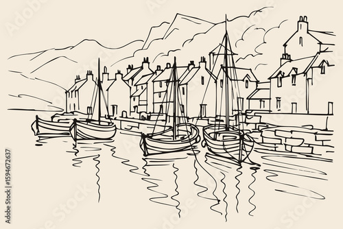 Harbor with boats and houses, loose ink sketch vector illustration