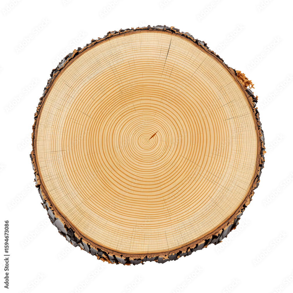 Fototapeta premium Natural wood slice with bark isolated on transparent background