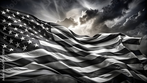 Monochrome American Flag Waving with Dramatic Clouds in the Background