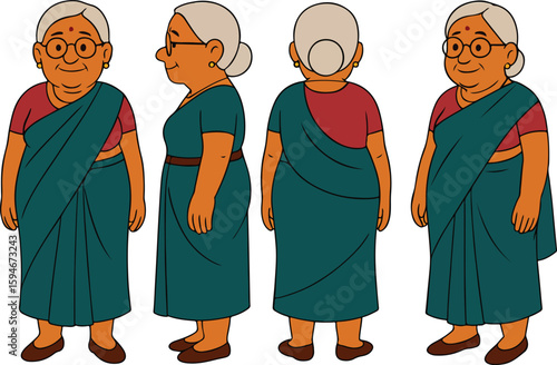 Indian Grandmother Character Turnaround, Woman Character Front, Side & Back Views, character modelsheet