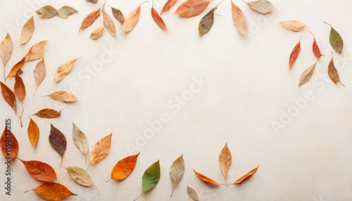 Zarte Anordnung herbstlicher Blätter in geschwungener Form auf hellem Hintergrund – idealer Mockup für saisonale Botschaften. Generative KI