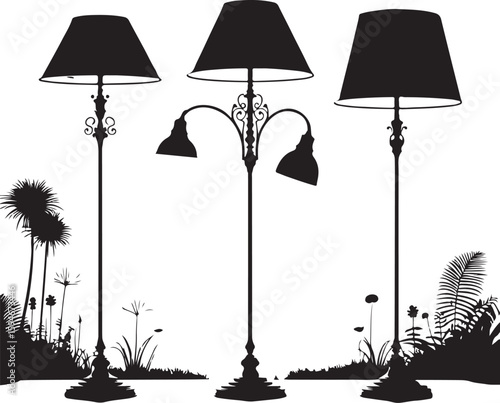 Elegant Dining Table Setting with Chairs and Floral Decor Silhouette