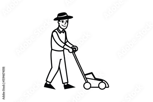 Man in Hat Mowing Lawn with Push Mower in Black and White Silhouette man mowing the lawn The image simple