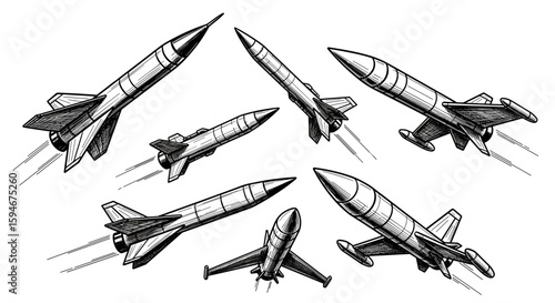 Collection of ballistic missiles from different angles - hand drawn black and white vintage ink sketch, vector illustration

