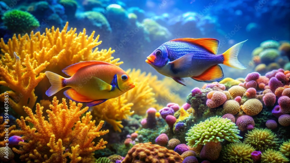 Fototapeta premium Vibrant Reef Inhabitants Two Colorful Fish Gracefully Swim Amidst a Lush Coral Garden, a Serene Underwater Paradise