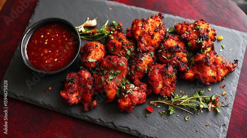 Spicy chicken lollipop pieces with dipping sauce fried chicken