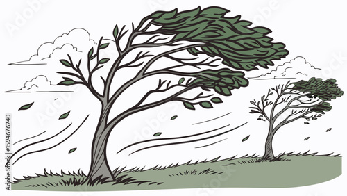 Strong gust of wind bending tree branches, dynamic energy