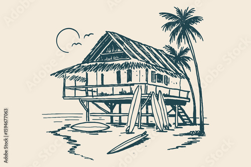 Beach hut with surfboards and palm trees, ink sketch vector illustration