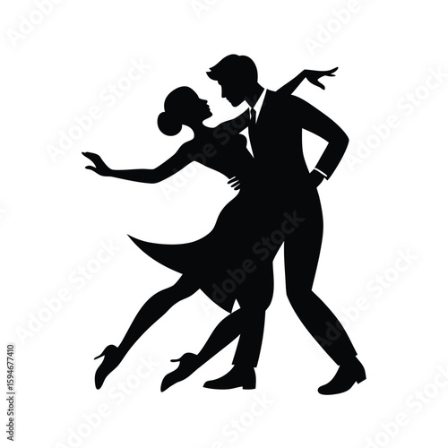 Dramatic black silhouette of a tango couple dancing with passionate movement