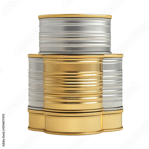 Stack of Metallic Cans in Silver and Gold Finishes on a White Background on transparent background