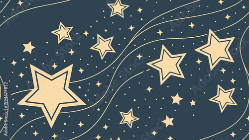 Scattered stars with varying opacity and size, light gold on dark blue, dreamlike vector background