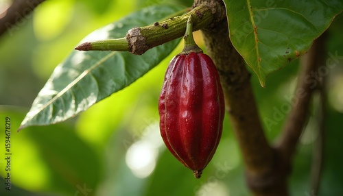 Red Cacao Pod Growing on Tree