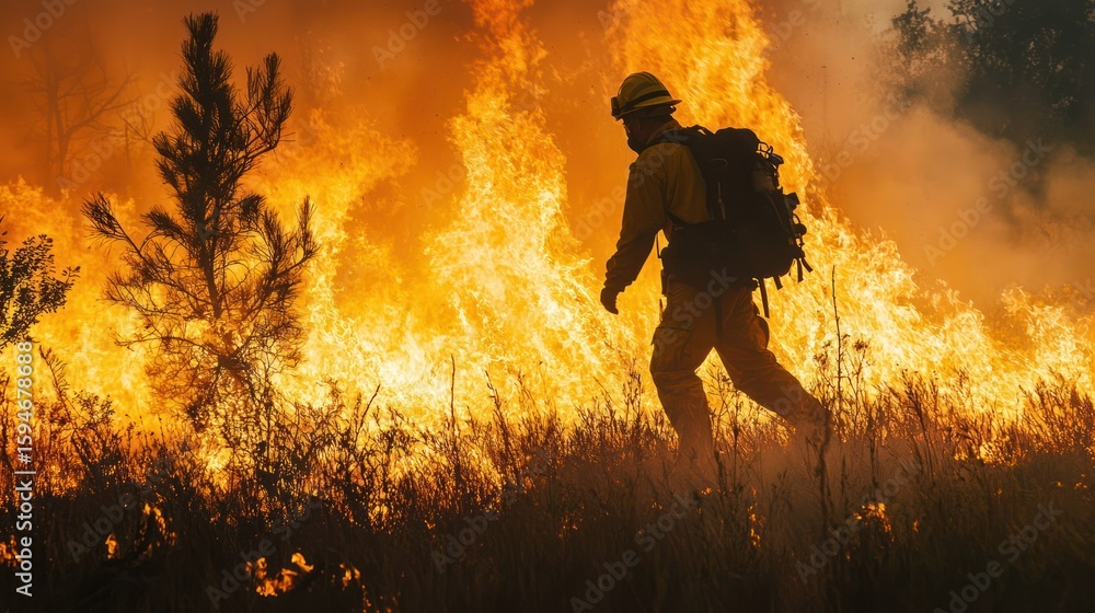 Fototapeta premium A firefighter in full gear, walking through a burning field of grass and trees.