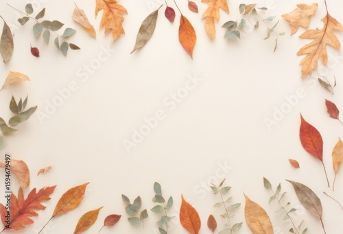 Herbstliche Blätter in warmen Farben bilden einen Rahmen auf hellem Hintergrund, ideal für saisonale Designs oder Grußkarten. Generative KI