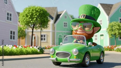 A leprechaun drives a little green car through a pastel-colored neighborhood