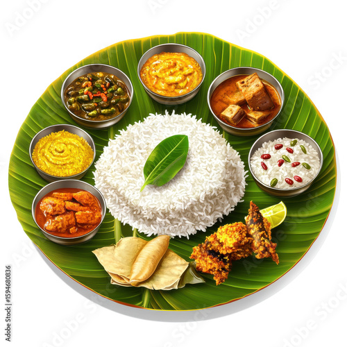 Traditional Indian Thali with Rice, Curries, and Side Dishes on a Banana Leaf Platter on transparent background
