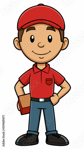 Cartoon delivery driver smiling while holding a box in uniform  