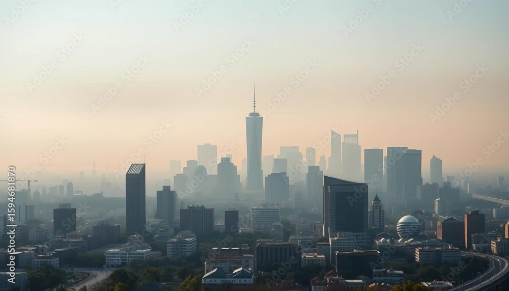 Obraz premium Smoggy city skyline panorama, hazy cityscape, pollution impact, panorama, bleak