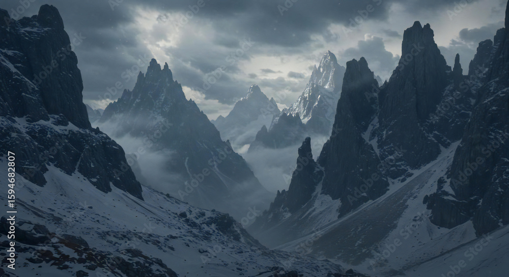 Obraz premium Dramatic Winter Mountain Landscape with Snow Covered Peaks and Cloudy Skies