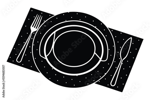 Minimalist Black and White Place Setting Plate, Fork, Knife, and Polka Dot Mat