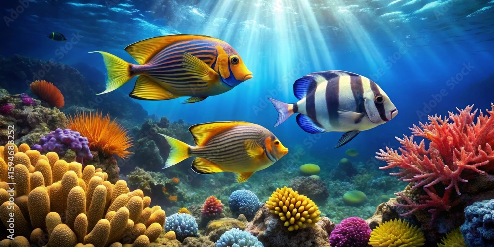 Fototapeta premium Vibrant Reef Scene Featuring Three Striking Tropical Fish Amongst Colorful Coral and Sea Anemones