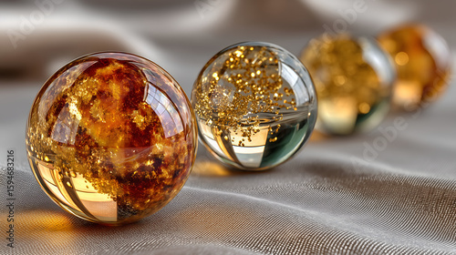 Translucent spheres filled with golden particles glowing on reflective fabric surface
