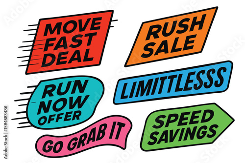 Bright promotional sale signs offer discounts and savings on products, with fast deal and rush sale offers to attract buyers.