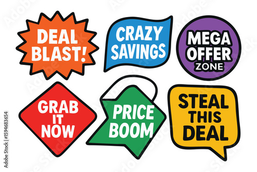 Vibrant retail sales promotion stickers showcasing various discounts and special offers for enticing shopping sprees.