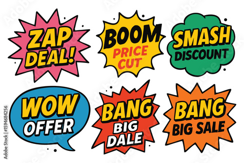 Comic sale explosions featuring zap deal, boom price cut, smash discount and wow offer pop with a bang big sale.