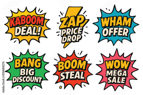 Retro comic style design elements highlighting promotional offers and sale announcements for marketing