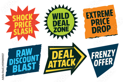 Colorful sale badge collection showcases raw discount blast, frenzy offer, wild deal zone, and extreme price drop for promotion