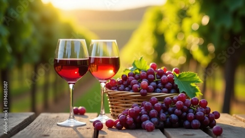 Wallpaper Mural Two Wine Glasses and Grapes on Wooden Table in Vineyard 1 Torontodigital.ca