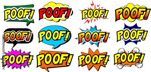 Cartoon comic sign burst clouds. Speech bubble, Poof sign expression and pop art text frames. Comics mem expressions speech, superhero book Poof label. Isolated vector symbols set