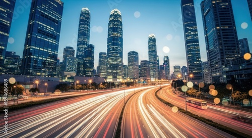 Cityscape with light trails on highway during twilight