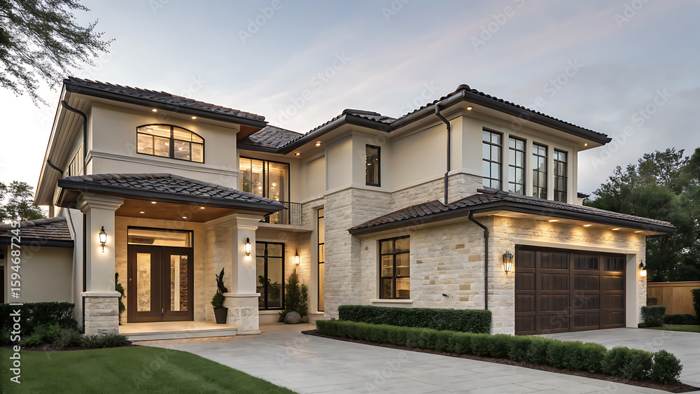 Fototapeta premium A luxurious house with stone accents and manicured landscaping stands elegantly under a cloudy sky, showcasing refined architecture