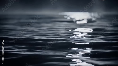 Dark water ripples slowly at night with a bright moon reflection shimmering on the surface creating a peaceful and serene atmosphere