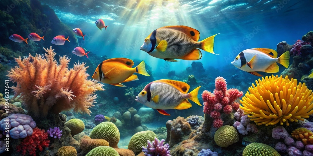 Naklejka premium Vibrant Underwater Scene Showcasing Diverse Coral Reef Inhabitants and Sunlit Ocean Depths
