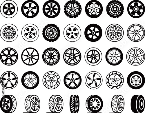 Set of Black and White Car Wheel Icons for Automotive Graphics