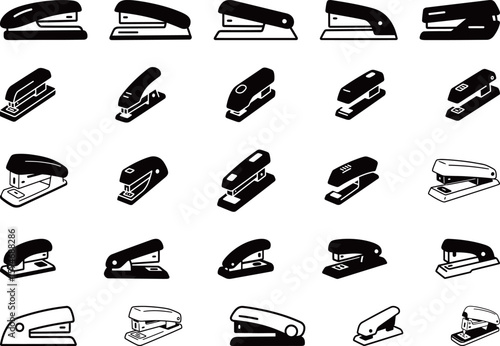 Set of Black and White Stapler Icons for Office Graphics