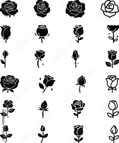 Black Rose Icons Assortment: Floral and Gothic Styles for Romantic, Dark - themed Graphics