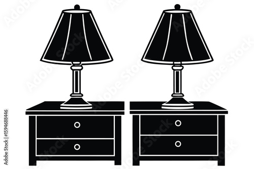 Two Black Table Lamps on Nightstands with Drawers in a